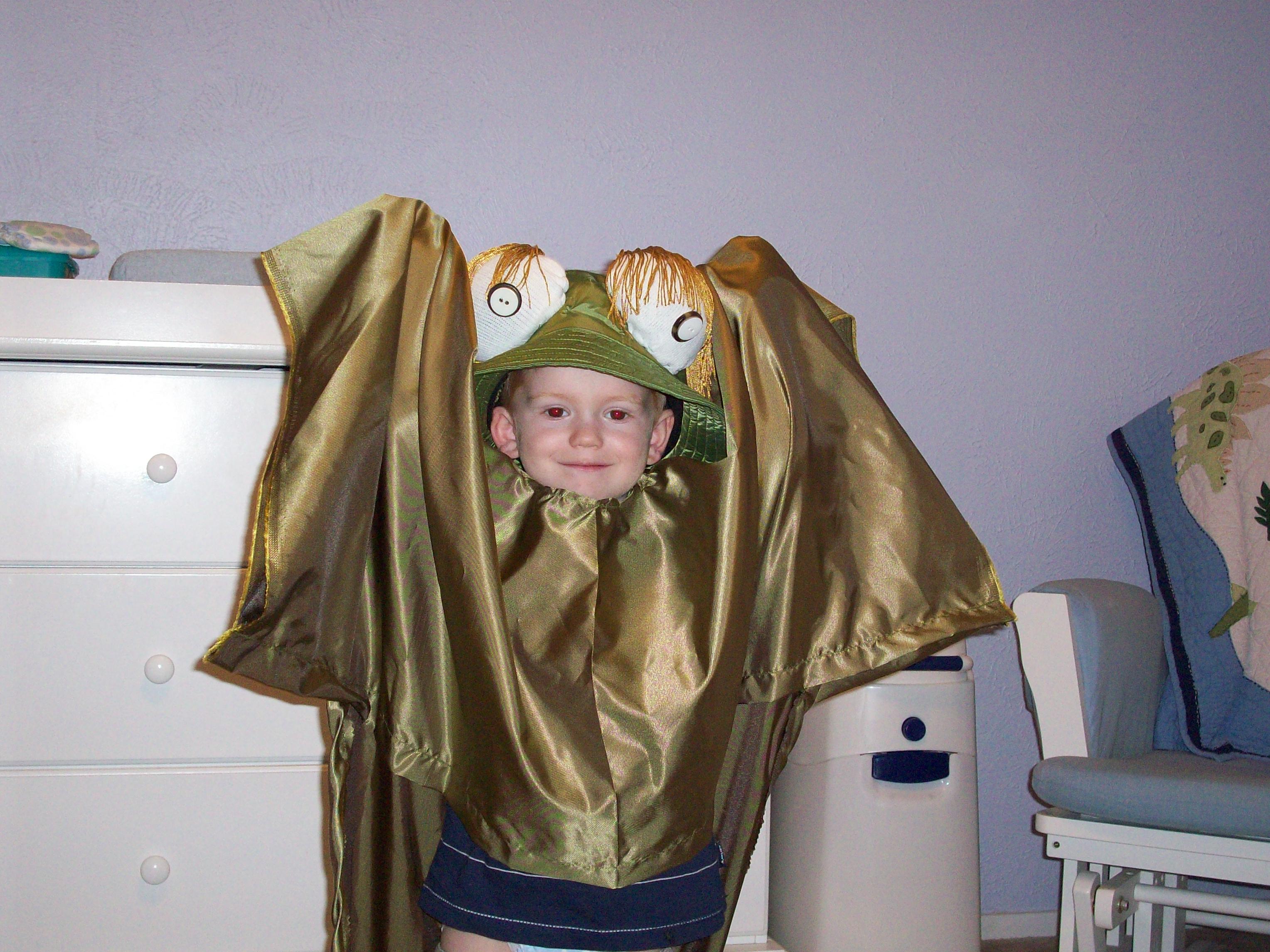 Kid wearing a homemade dragon dance costume.